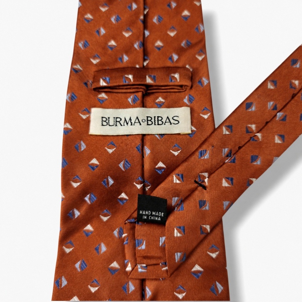 Burma Bibas Silk Necktie Geometric Rust Orange Blue Ivory Handmade Classic - Picture 4 of 5